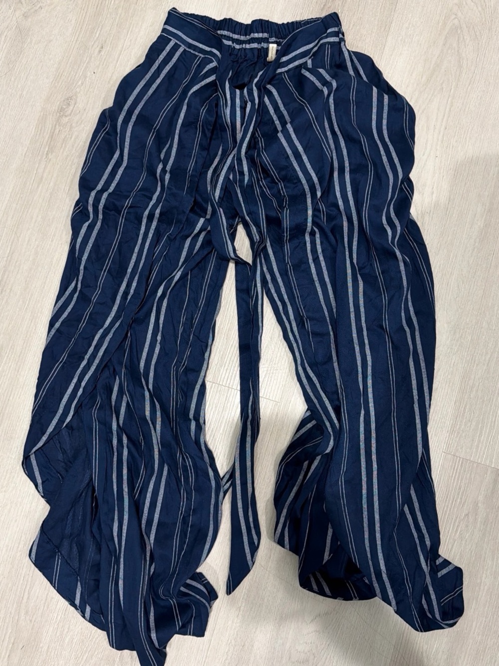 Navy Blue Striped Wide Leg Tie-Waist Pants